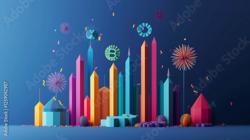 Obraz na płótnie A 3D-rendered digital illustration of a futuristic cityscape composed of geometric skyscrapers in vibrant colors with floating elements, set against a dark blue background. AI generated. w salonie