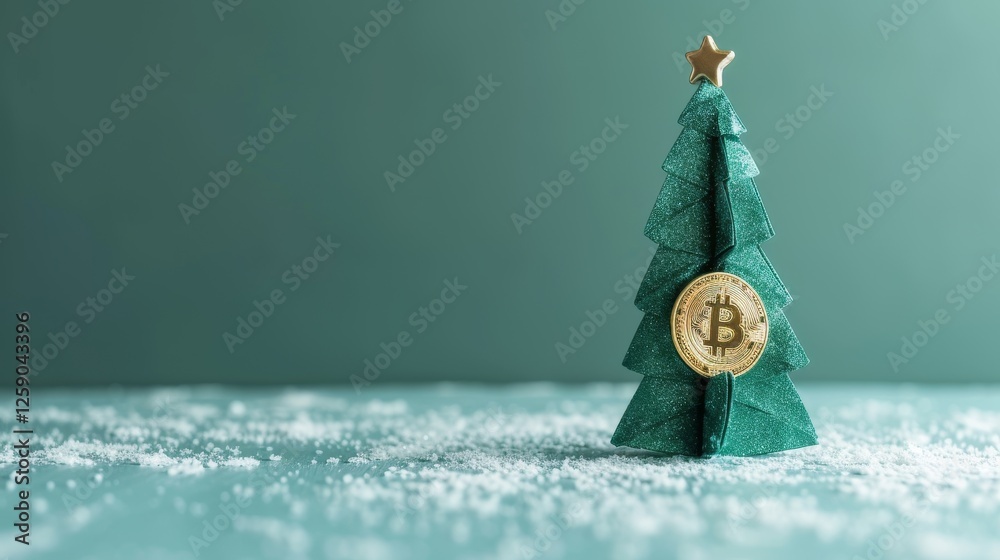 A festive and creative composition featuring a handcrafted origami Christmas tree with a Bitcoin coin at its base, set on a snowy, green-toned background. A unique blend of holiday spirit and