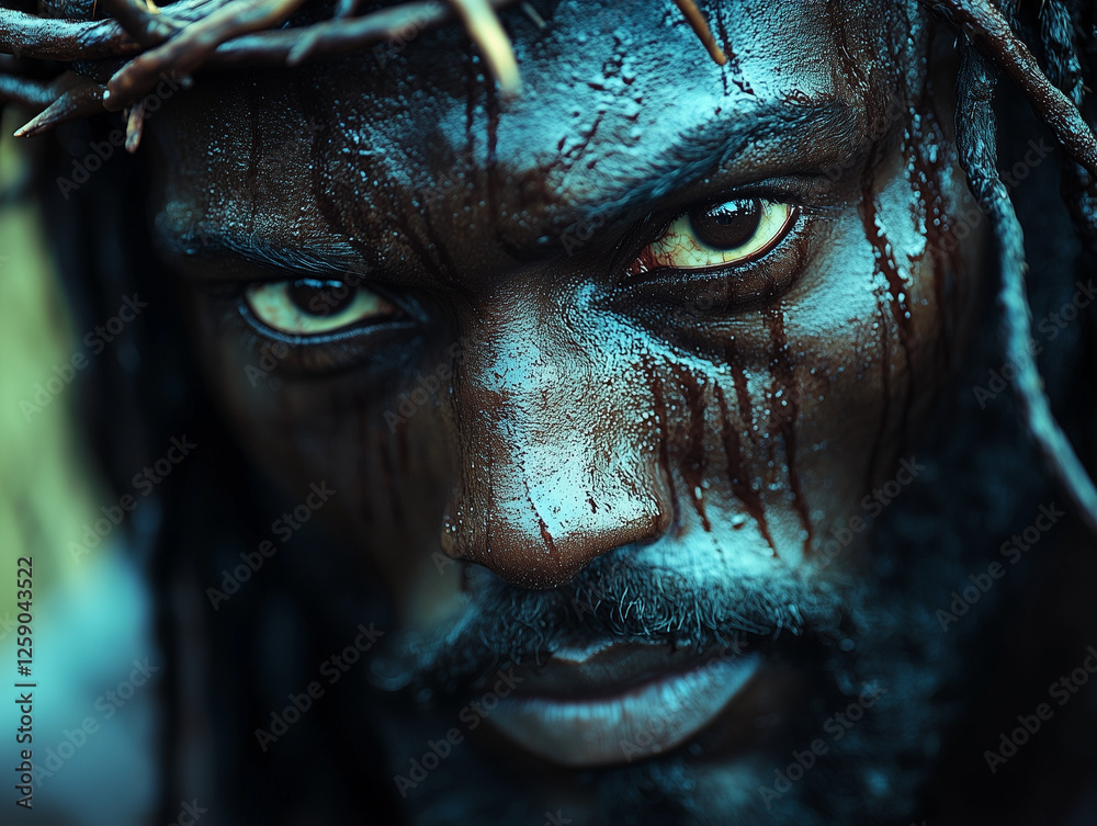 A powerful close-up of a man with a crown of thorns, embodying the suffering and sacrifice of Jesus. The water dripping from his face symbolizes the pain and emotional depth of the Easter story. A powerful close-up of a man with a crown of thorns, embodying the suffering and sacrifice of Jesus. The water dripping from his face symbolizes the pain and emotional depth of the Easter story.