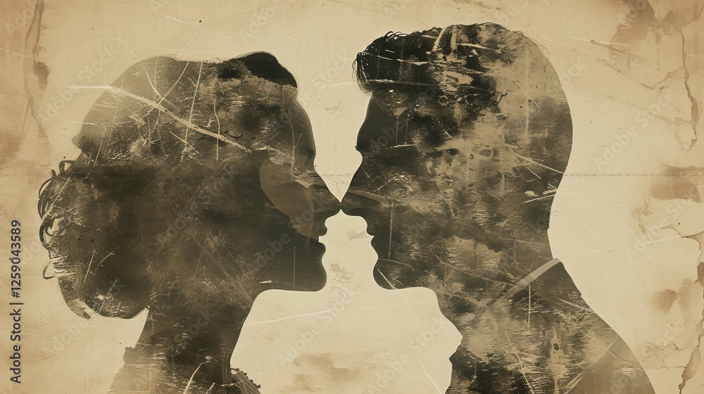 A vintage-inspired digital artwork of a couple