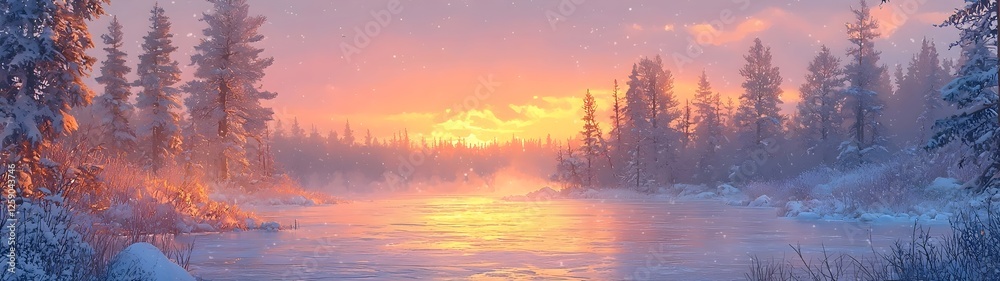 Obraz premium A serene winter landscape featuring a tranquil river reflecting vibrant hues of orange and pink at sunset, surrounded by snow-covered pine trees and a gentle snowfall.