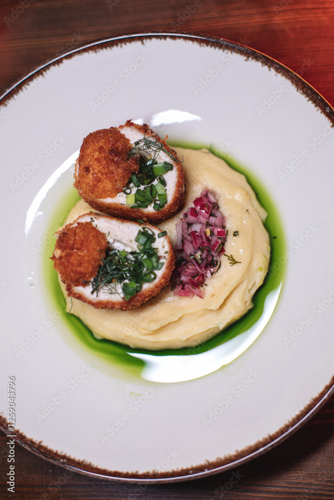 Delicious cutlets with airy mashed potatoes served in the restaurant. The perfect photo for a menu, culinary blog, or an advertisement for catering establishments. Delicious cutlets with airy mashed potatoes served in the restaurant. The perfect photo for a menu, culinary blog, or an advertisement for catering establishments.