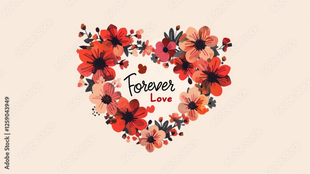 A delicately arranged heart shape composed of red and pink flowers with black accents, encircling the phrase Forever Love, set against a soft beige background for a timeless romantic appeal. AI