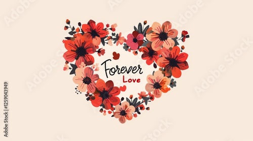 Obraz na płótnie A delicately arranged heart shape composed of red and pink flowers with black accents, encircling the phrase Forever Love, set against a soft beige background for a timeless romantic appeal. AI w salonie
