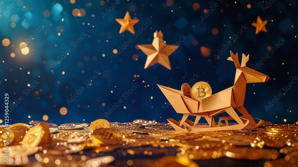 A golden origami reindeer pulls a sled filled with Bitcoin coins amidst a snowfall of glowing golden stars. A festive and futuristic depiction of digital currency. AI generated.