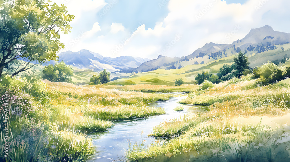 Obraz premium Serene Summer Stream in a Mountain Valley Watercolor Landscape Painting