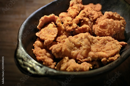 Fried fish fillet in a clay pot. Seafood. Concept of cooking, rusticity, food