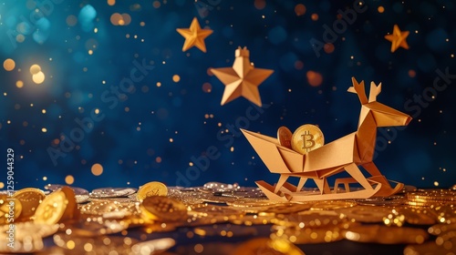 Obraz na płótnie A golden origami reindeer pulls a sled filled with Bitcoin coins amidst a snowfall of glowing golden stars. A festive and futuristic depiction of digital currency. AI generated. w salonie