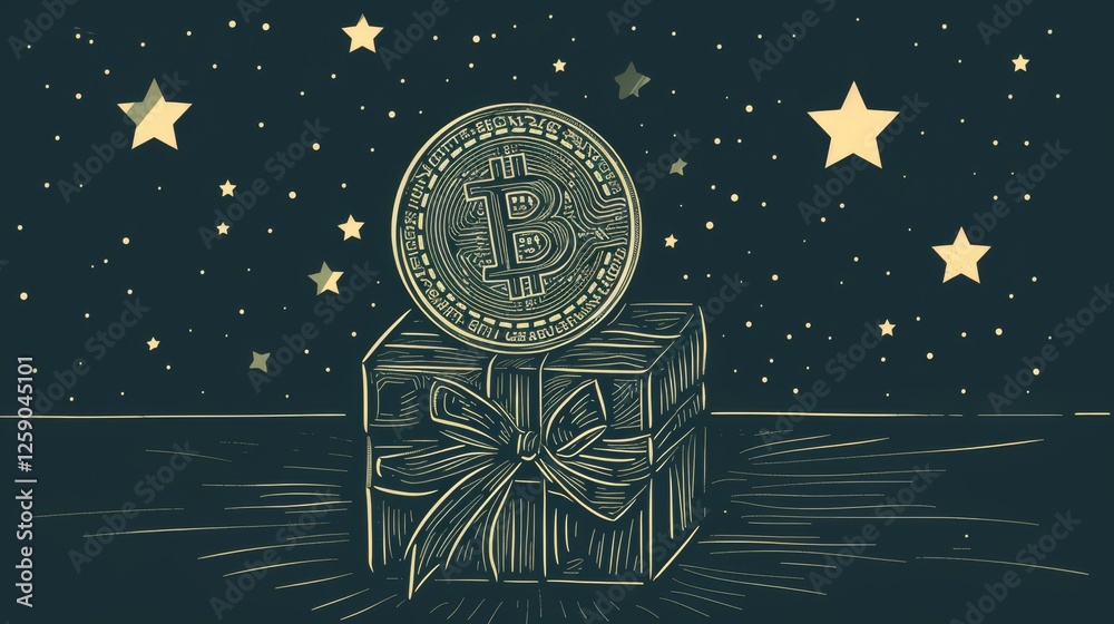 Artistic digital depiction of a Bitcoin coin resting on a beautifully wrapped gift box, symbolizing wealth, investment, and digital finance. Set against a celestial background. AI generated.