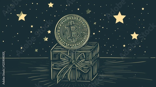 Obraz na płótnie Artistic digital depiction of a Bitcoin coin resting on a beautifully wrapped gift box, symbolizing wealth, investment, and digital finance. Set against a celestial background. AI generated. w salonie