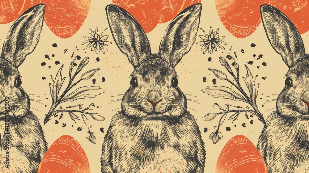 A warm, vintage-style Easter pattern with hand-drawn rabbits, decorated eggs, floral accents, and delicate botanical details. The earthy tones and intricate artwork add a rustic charm. AI generated.