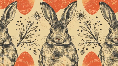Obraz na płótnie A warm, vintage-style Easter pattern with hand-drawn rabbits, decorated eggs, floral accents, and delicate botanical details. The earthy tones and intricate artwork add a rustic charm. AI generated. w salonie