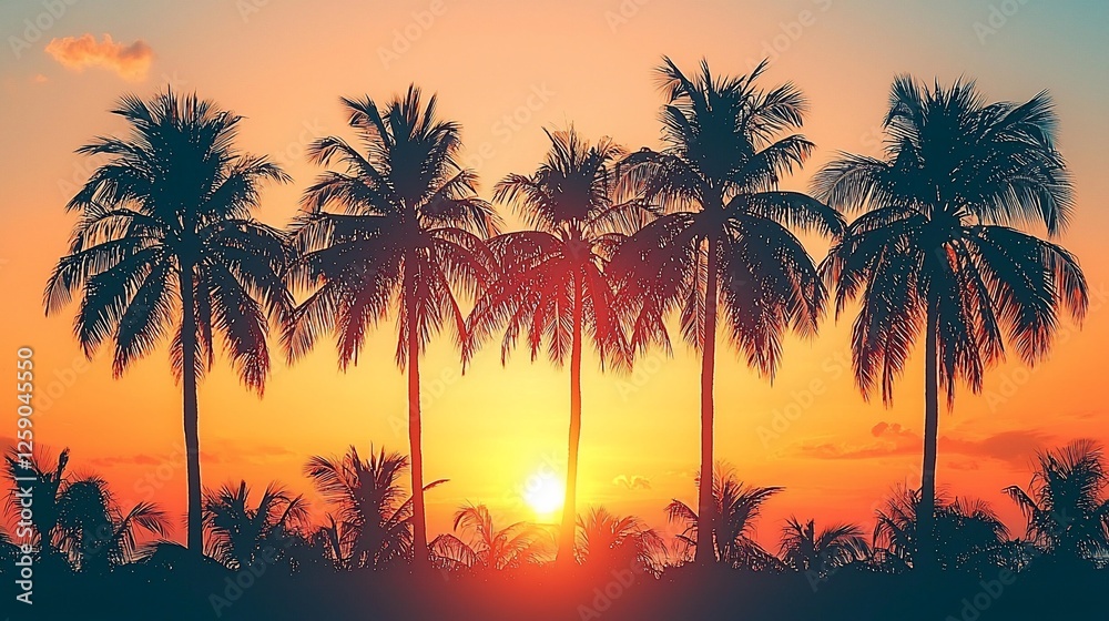 Obraz premium Tropical sunset silhouette; palm trees, ocean background; travel brochure
