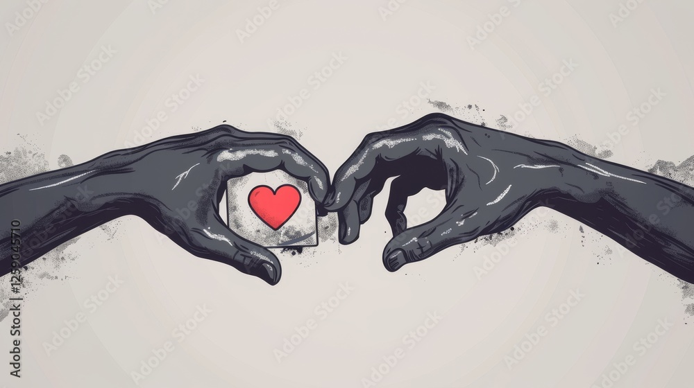 A digital artwork depicting two black hands forming a heart shape while holding a cube with a red heart inside. The textured strokes create a modern and expressive aesthetic. AI generated.
