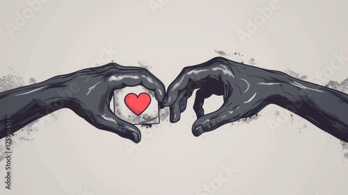 Obraz na płótnie A digital artwork depicting two black hands forming a heart shape while holding a cube with a red heart inside. The textured strokes create a modern and expressive aesthetic. AI generated. w salonie