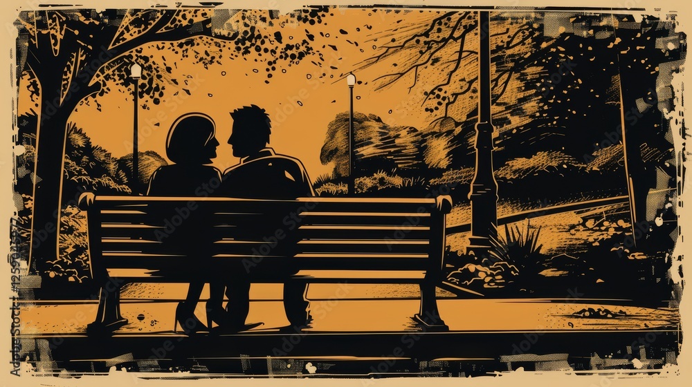A beautifully illustrated silhouette of a couple sitting on a park bench, sharing a quiet moment together under a glowing sunset. The vintage-inspired style enhances the nostalgic and romantic mood