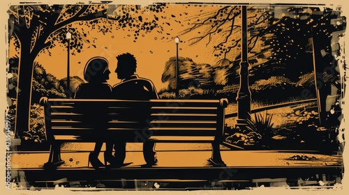 Obraz na płótnie A beautifully illustrated silhouette of a couple sitting on a park bench, sharing a quiet moment together under a glowing sunset. The vintage-inspired style enhances the nostalgic and romantic mood w salonie