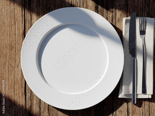 Mockup de plato blanco y elegante en mesa de madera para branding de restaurantes