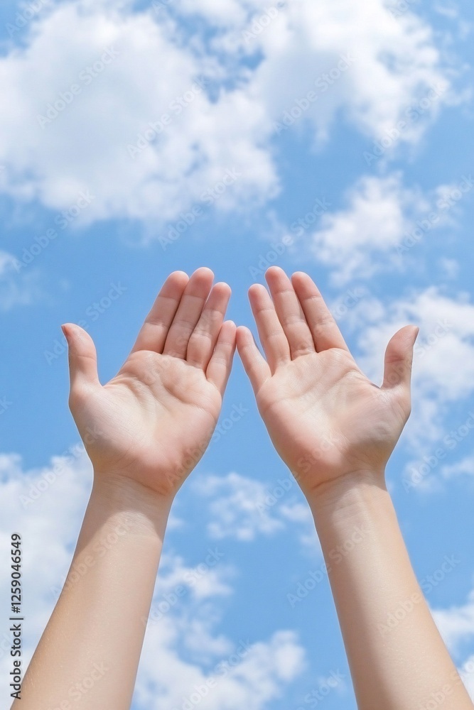 Hands Raised to Sky, Clouds Background, Prayer Pose, Peaceful Hands Raised to Sky, Clouds Background, Prayer Pose, Peaceful