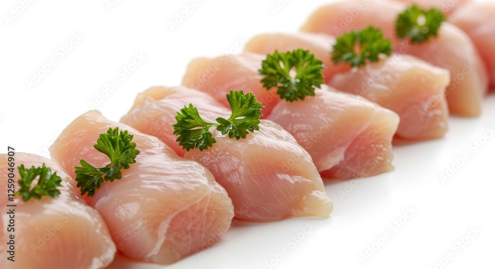 Raw Chicken Pieces Garnished with Parsley on White Background Close-up Raw Chicken Pieces Garnished with Parsley on White Background Close-up