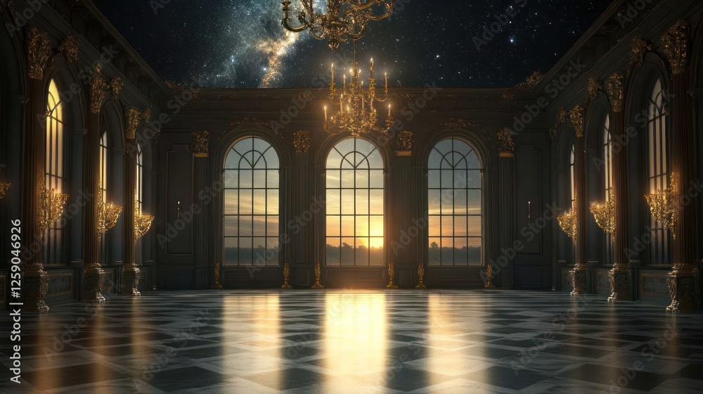 Fototapeta premium Grand ballroom sunrise, celestial ceiling.