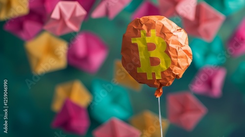 A bright orange balloon with a Bitcoin logo, made of crumpled paper texture, floats against a vibrant background of colorful geometric shapes, symbolizing crypto volatility. AI generated.