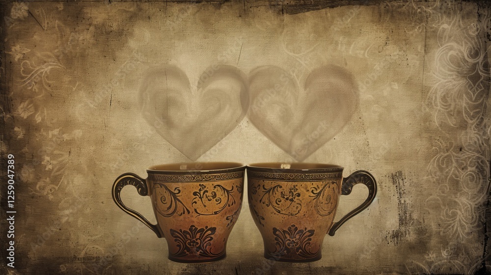 Two ornate coffee mugs with intricate patterns, releasing heart-shaped steam, set in a vintage atmosphere. Evoking warmth and intimacy. AI generated.