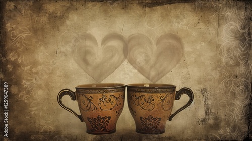 Obraz na płótnie Two ornate coffee mugs with intricate patterns, releasing heart-shaped steam, set in a vintage atmosphere. Evoking warmth and intimacy. AI generated. w salonie