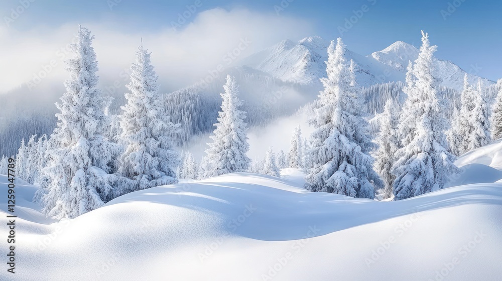 Snow Covered Mountain Landscape With Frosty Trees Snow Covered Mountain Landscape With Frosty Trees