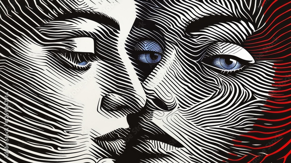 A modern black and white abstract artwork of two overlapping faces, highlighted with deep blue eyes and intricate line details. A fusion of surrealism and contemporary digital art. AI generated.