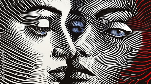 Obraz na płótnie A modern black and white abstract artwork of two overlapping faces, highlighted with deep blue eyes and intricate line details. A fusion of surrealism and contemporary digital art. AI generated. w salonie