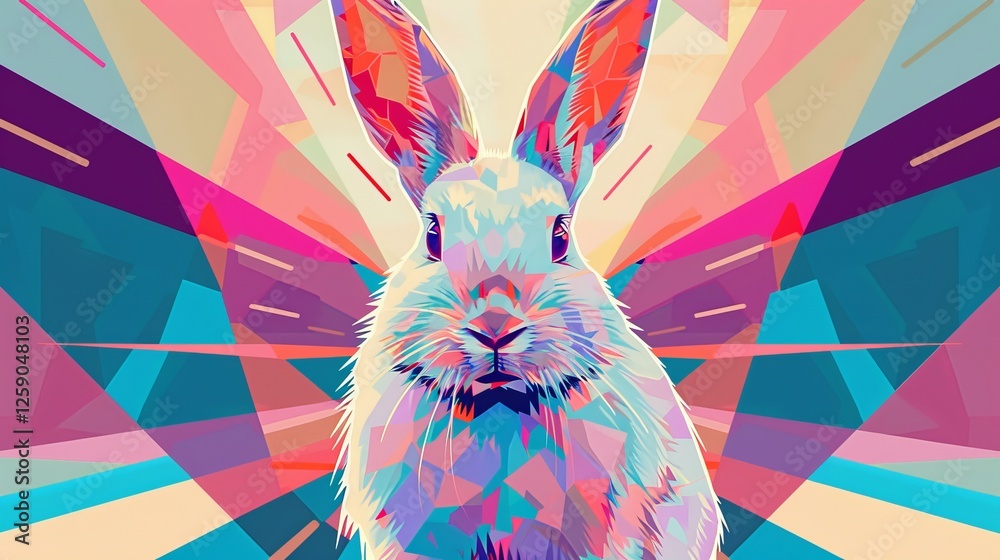 A stylized rabbit portrait featuring a striking geometric pattern and abstract color combinations. A futuristic and conceptual digital artwork. AI generated.