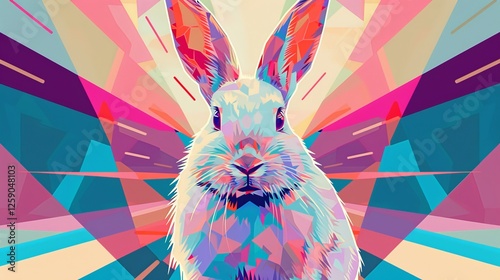 Obraz na płótnie A stylized rabbit portrait featuring a striking geometric pattern and abstract color combinations. A futuristic and conceptual digital artwork. AI generated. w salonie