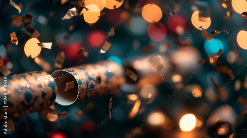 A dazzling close-up of a Christmas cracker bursting with golden confetti against a sparkling holiday background, creating a warm and celebratory atmosphere. AI generated.