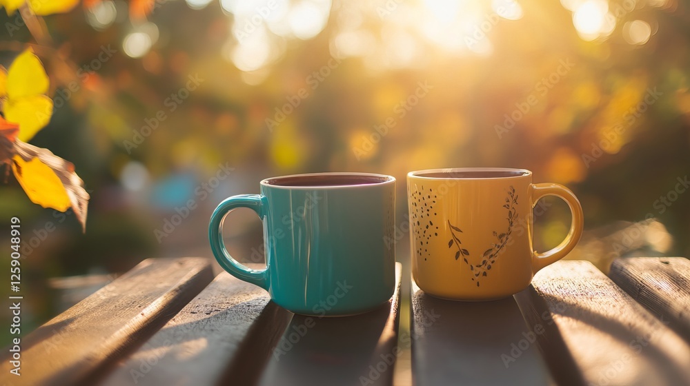 Obraz premium Tranquil morning coffee break: Two vibrant mugs of coffee or tea rest on a wooden balcony, bathed in warm sunlight. The setting evokes a cozy and relaxing atmosphere