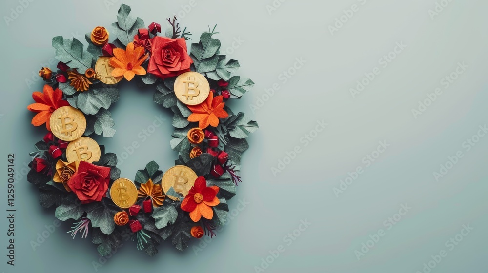A unique Christmas wreath combining handcrafted paper flowers and Bitcoin coins, symbolizing the fusion of tradition and modern finance. A minimal yet elegant holiday composition. AI generated.