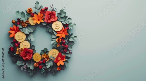 Obraz na płótnie A unique Christmas wreath combining handcrafted paper flowers and Bitcoin coins, symbolizing the fusion of tradition and modern finance. A minimal yet elegant holiday composition. AI generated. w salonie