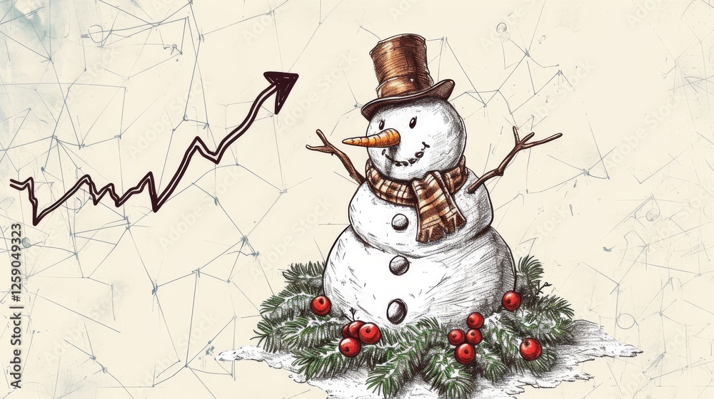 A vintage-style snowman illustration features a festive wreath and a financial growth arrow, blending holiday spirit with economic prosperity in a classic artistic design. AI generated.