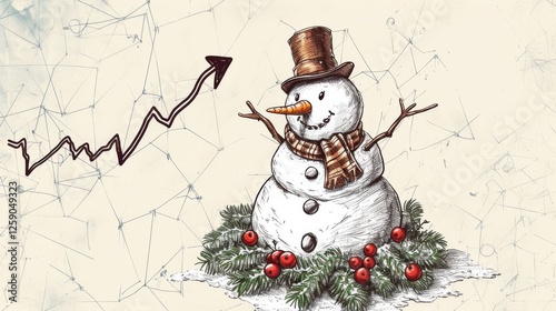 Obraz na płótnie A vintage-style snowman illustration features a festive wreath and a financial growth arrow, blending holiday spirit with economic prosperity in a classic artistic design. AI generated. w salonie