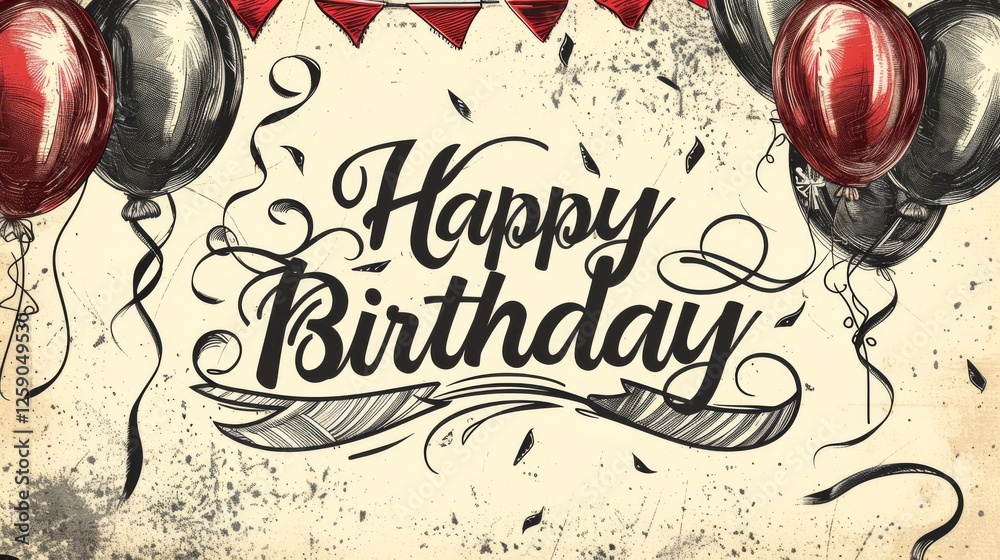 Hand-drawn birthday greeting with detailed artistic balloons, festive bunting, and intricate lettering. Perfect for invitations, social media, and greeting cards. AI generated.