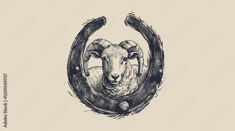 A meticulously detailed monochrome illustration of a sheep with curled horns framed by a worn horseshoe, evoking rustic charm and symbolic strength. AI generated.