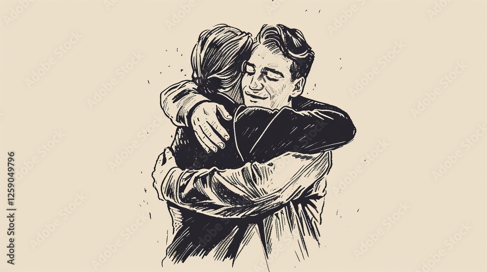 A detailed vintage-style black and white sketch of two people sharing a heartfelt embrace. The illustration exudes warmth, friendship, and emotional connection. AI generated.