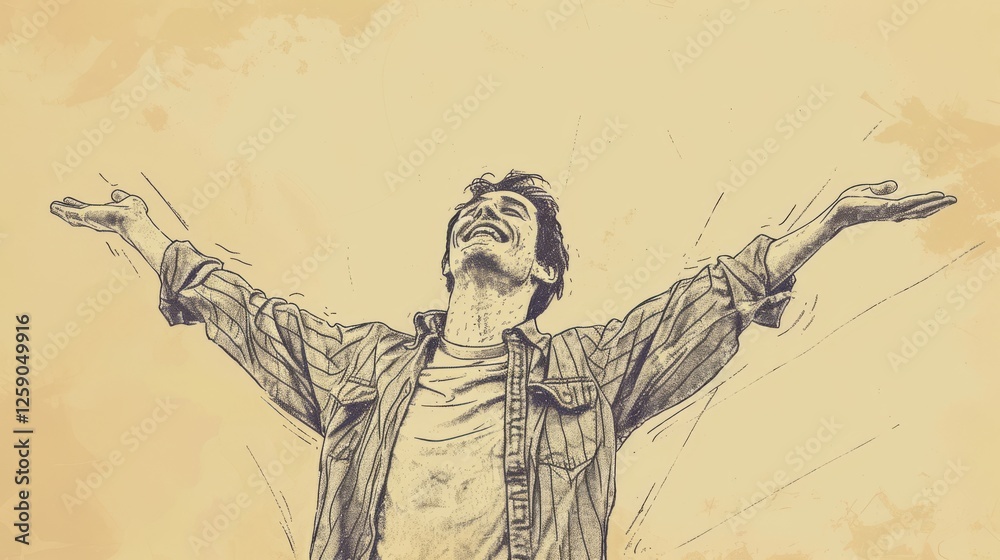 A hand-drawn sketch-style digital illustration of a cheerful man with arms outstretched, embracing happiness. The vintage aesthetic and textured background add warmth. AI generated.
