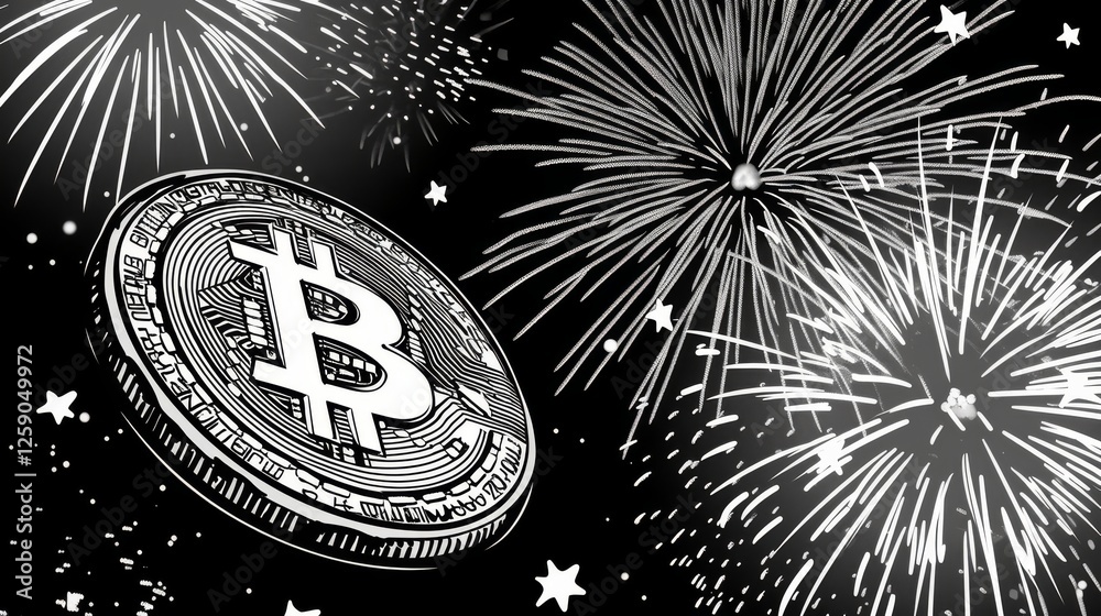 A black and white digital illustration of a Bitcoin coin floating amid a display of fireworks. The bold contrast and hand-drawn style add an artistic flair. AI generated.