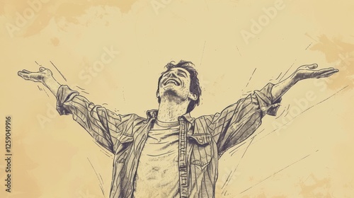 A hand-drawn sketch-style digital illustration of a cheerful man with arms outstretched, embracing happiness. The vintage aesthetic and textured background add warmth. AI generated.