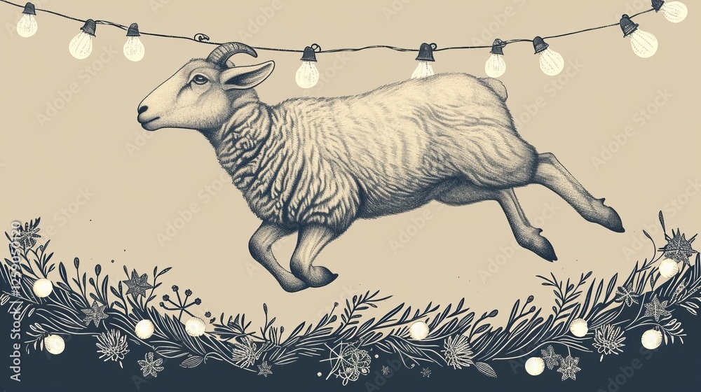 A vintage-style illustration of a leaping sheep under glowing string lights. The detailed etching-style artwork blends classic and festive elements. AI generated.