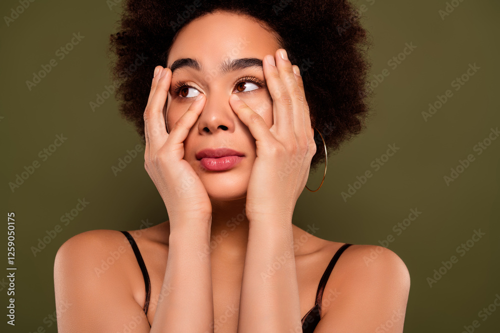 Fototapeta premium Close up photo of pretty charming lady salon procedure anti wrinkles complex isolated on khaki color background