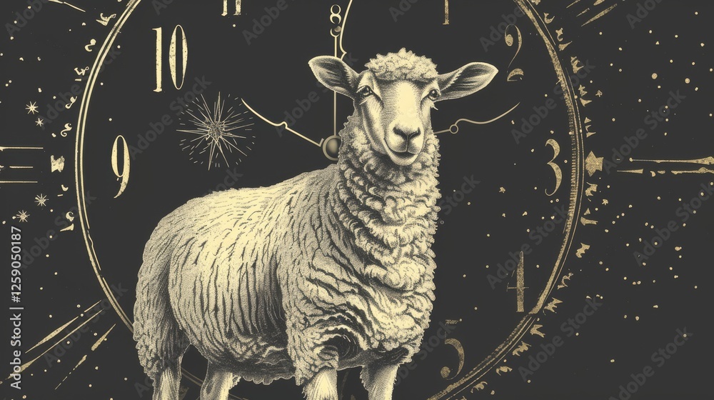A detailed black-and-gold illustration of a sheep in front of an ornate celestial clock, featuring Roman numerals and cosmic elements. The artwork has a timeless and dreamlike quality. AI generated.