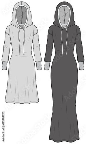 Hoodie Abaya, Hoodie Sweater Dress Fashion Illustration, Vector, CAD, Technical Drawing, Flat Drawing, Template, Mockup.