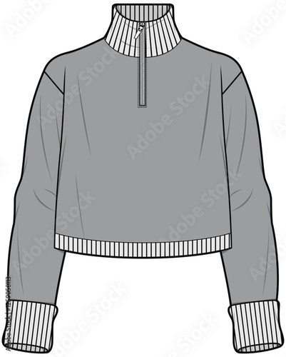 Turtle High Neck Half Zip Long Sleeve Cropped Pullover Sweater Fashion Illustration, Vector, CAD, Technical Drawing, Flat Drawing, Template, Mockup.